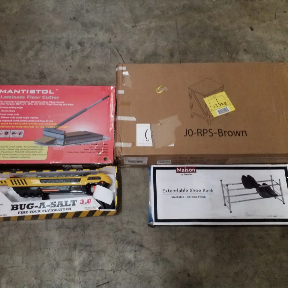 PALLET CONTAINING ASSORTED PRODUCTS INCLUDING 13" LAMINATE FLOOR CUTTER, SIDE TABLE, BUG-A-SALT GUN, EXTENDABLE SHOE RACK & KIDS SCOOTER 