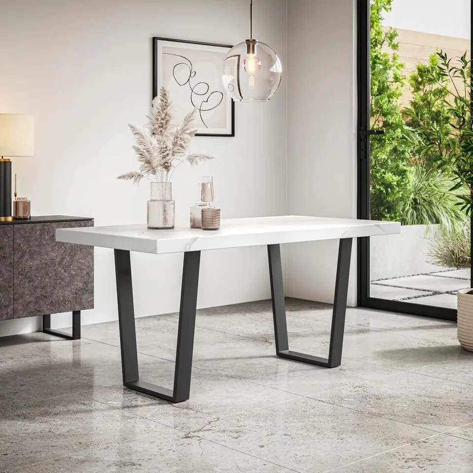 BOXED ARIA DINING TABLE - WHITE MARBLE EFFECT TOP/BLACK LEGS (2 BOXES)