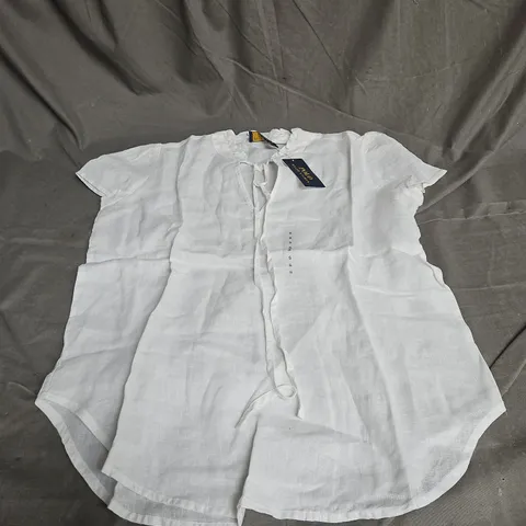 POLO RALPH LAUREN SHORT SLEEVE RUFFLE NECK BLOUSE IN WHITE SIZE S