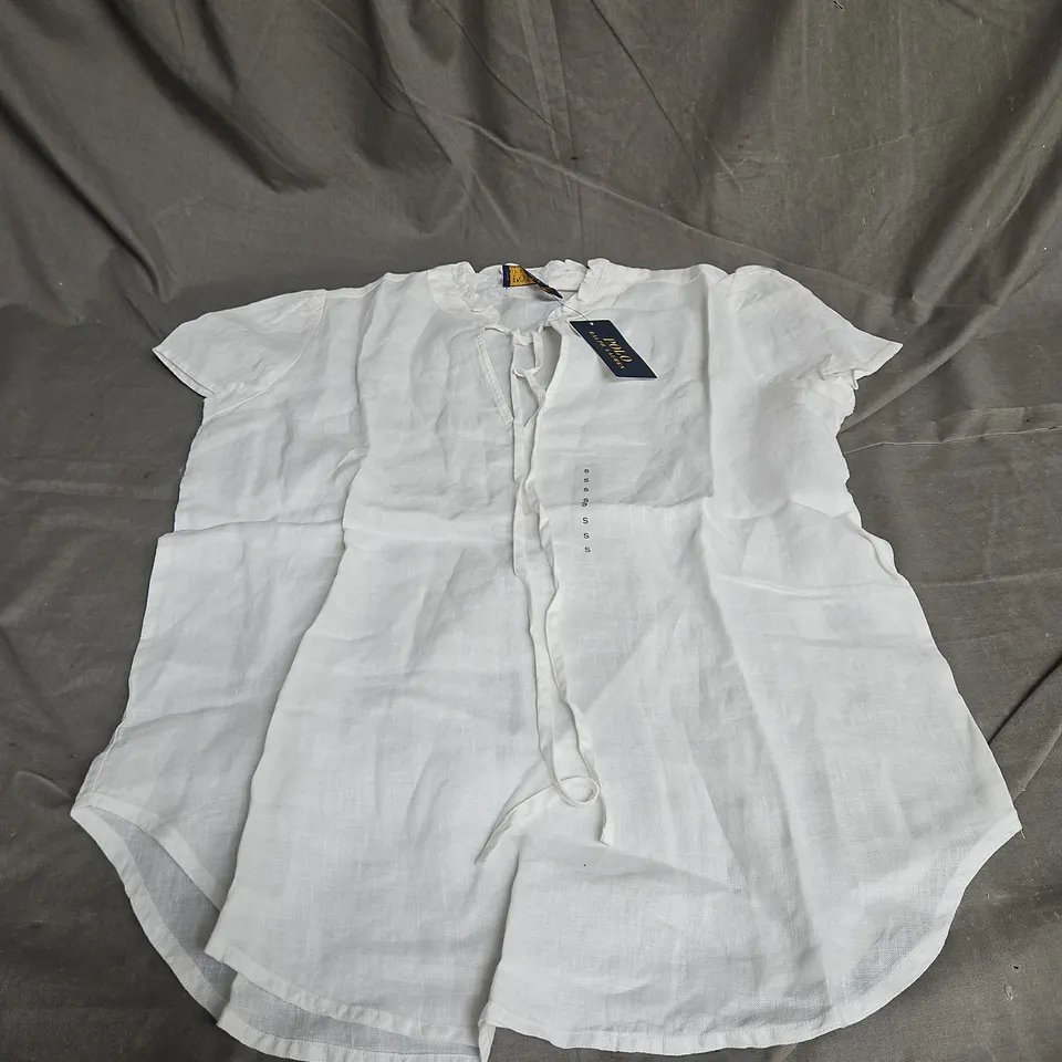 POLO RALPH LAUREN SHORT SLEEVE RUFFLE NECK BLOUSE IN WHITE SIZE S
