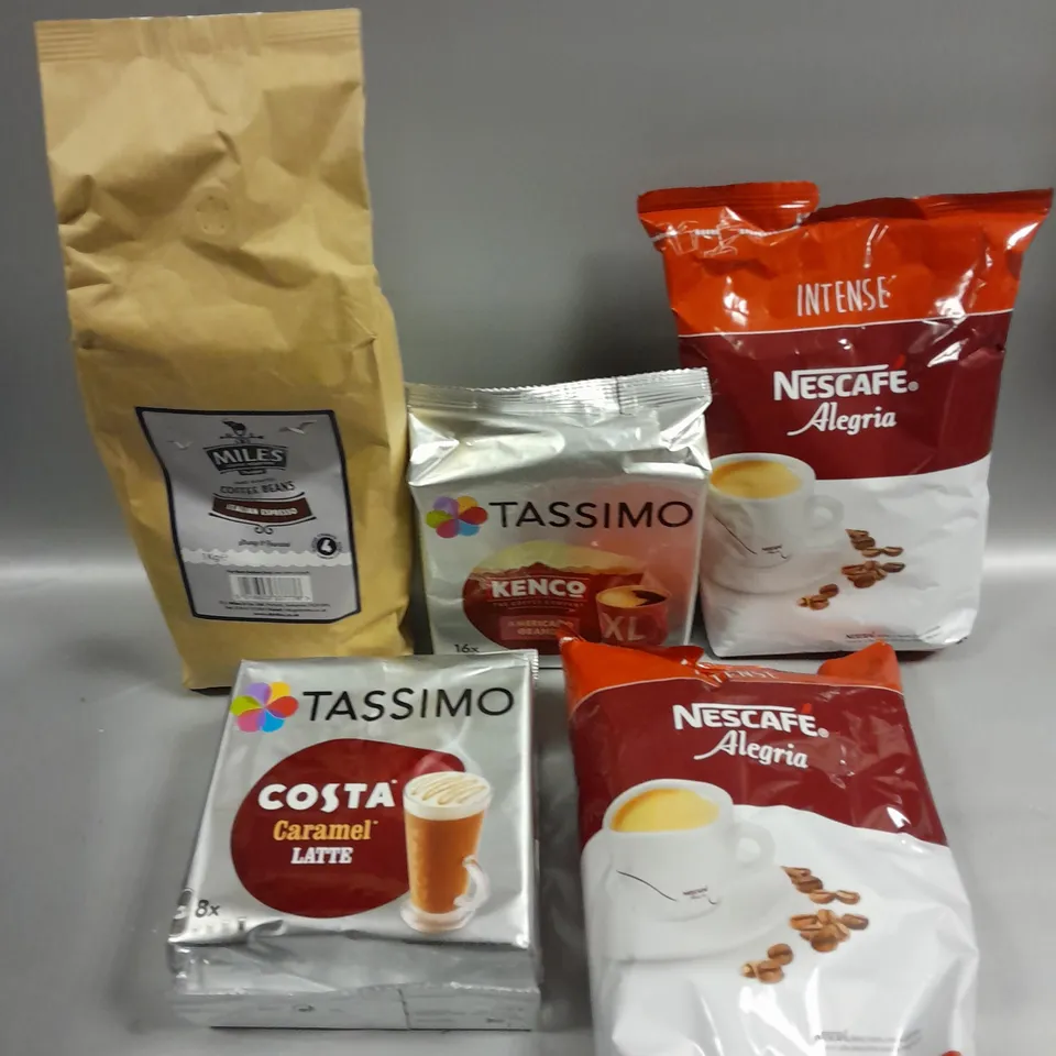 APPROXIMATELY 7 COFFEE PRODUCTS TO INCLUDE TASSIMO CARAMEL LATTE, MILES COFFEE BEANS, NESCAFE ALGERIA ETC  