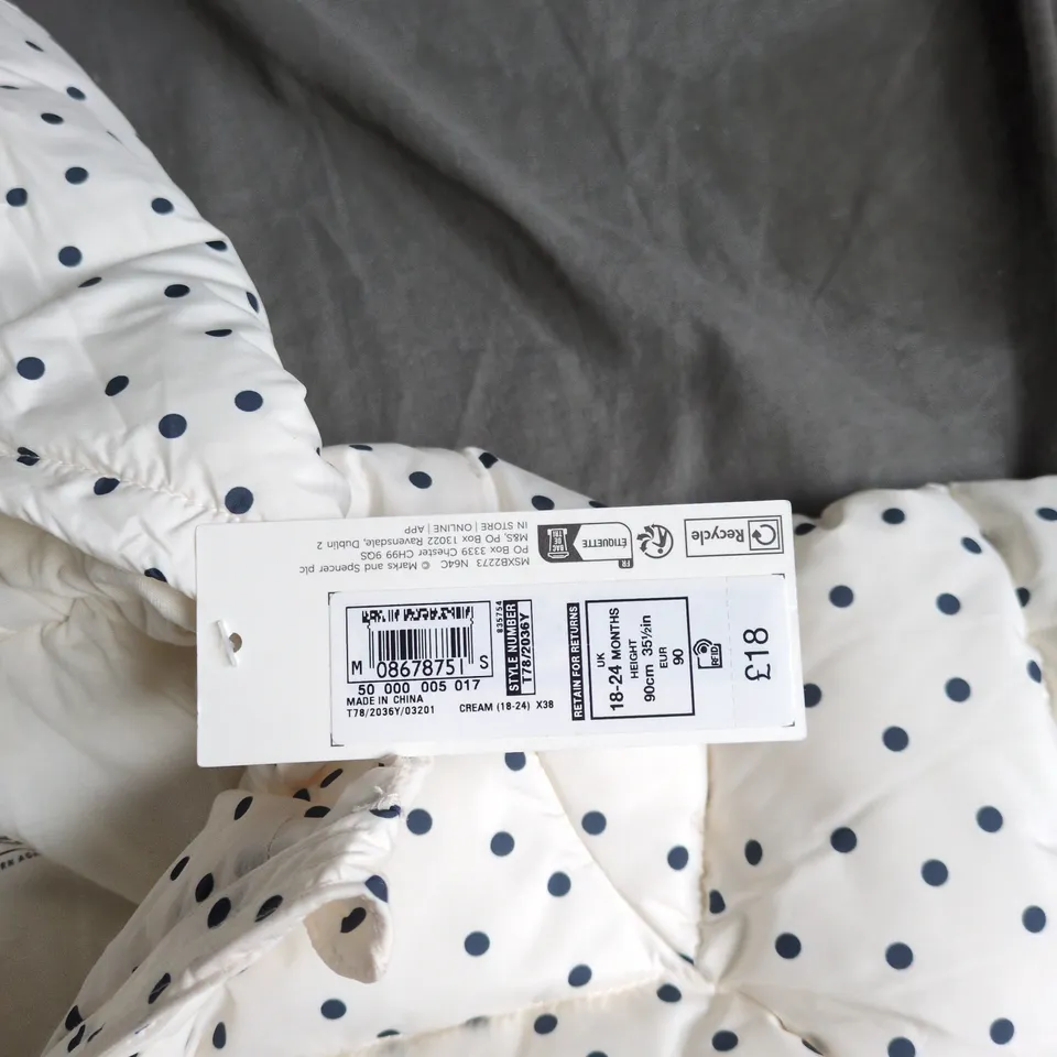 M&S KIDS WHITE POLKA DOT PADDED JACKET, 18-24 MONTHS