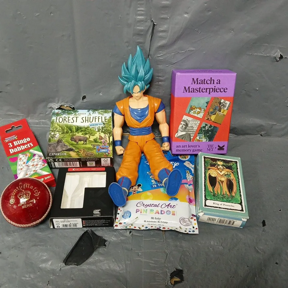 TOTE OF ASSORTED TOYS AND ACCESSORIES TO INCLUDE; KOSCH FOREST SHUFFLE, DISNEY CRYSTAL CART PIN BADGE AND 3 BINGO DABBERS