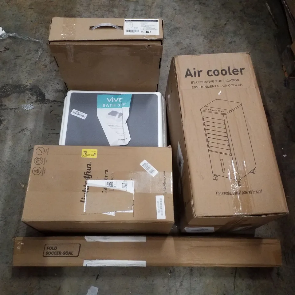 PALLET CONTAINING ASSORTED PRODUCTS INCLUDING AIR COOLER, FOLD SOCCER GOAL, LANTERN, BATH STEP & WALL NICHE