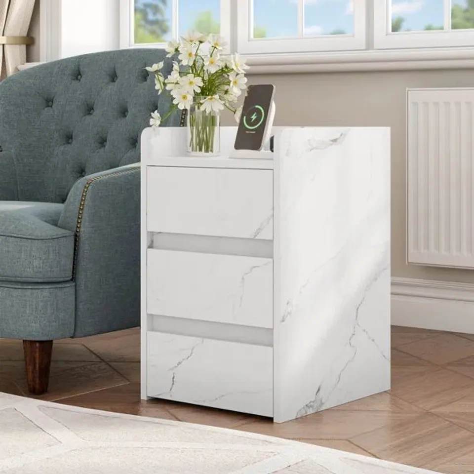BOXED BEDSIDE TABLE WITH 3 DRAWERS AND POWER STATION, MODERN NIGHTSTAND