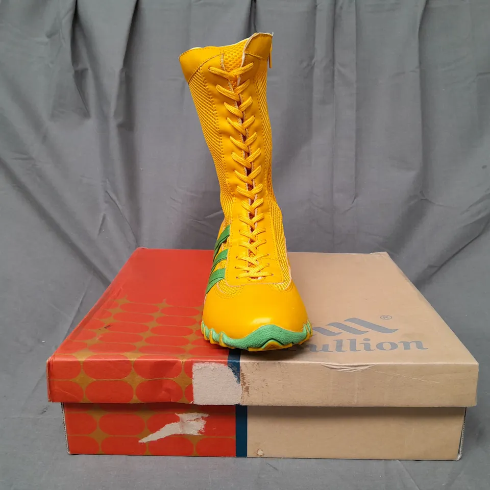 BOXED PAIR OF BULLION SIDE-ZIP LACE UP BOOTS IN YELLOW/GREEN EU SIZE 39