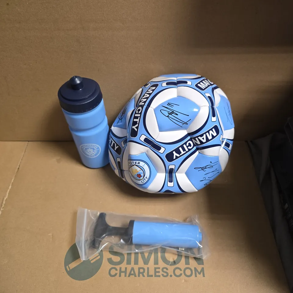 MANCHESTER CITY SIGNATURE FOOTBALL GIFT SET – SIZE 5 AUTOGRAPHED BALL WITH WATER BOTTLE & PUMP