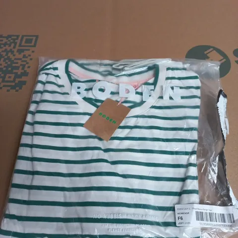 BODEN PLEAT SLEEVE STRIPE TOP – WOMEN'S GREEN & WHITE STRIPE, UK L (T2054)