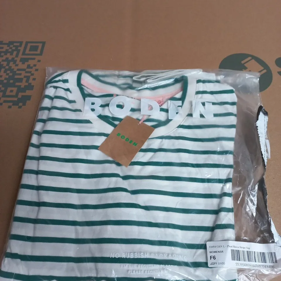 BODEN PLEAT SLEEVE STRIPE TOP – WOMEN'S GREEN & WHITE STRIPE, UK L (T2054)