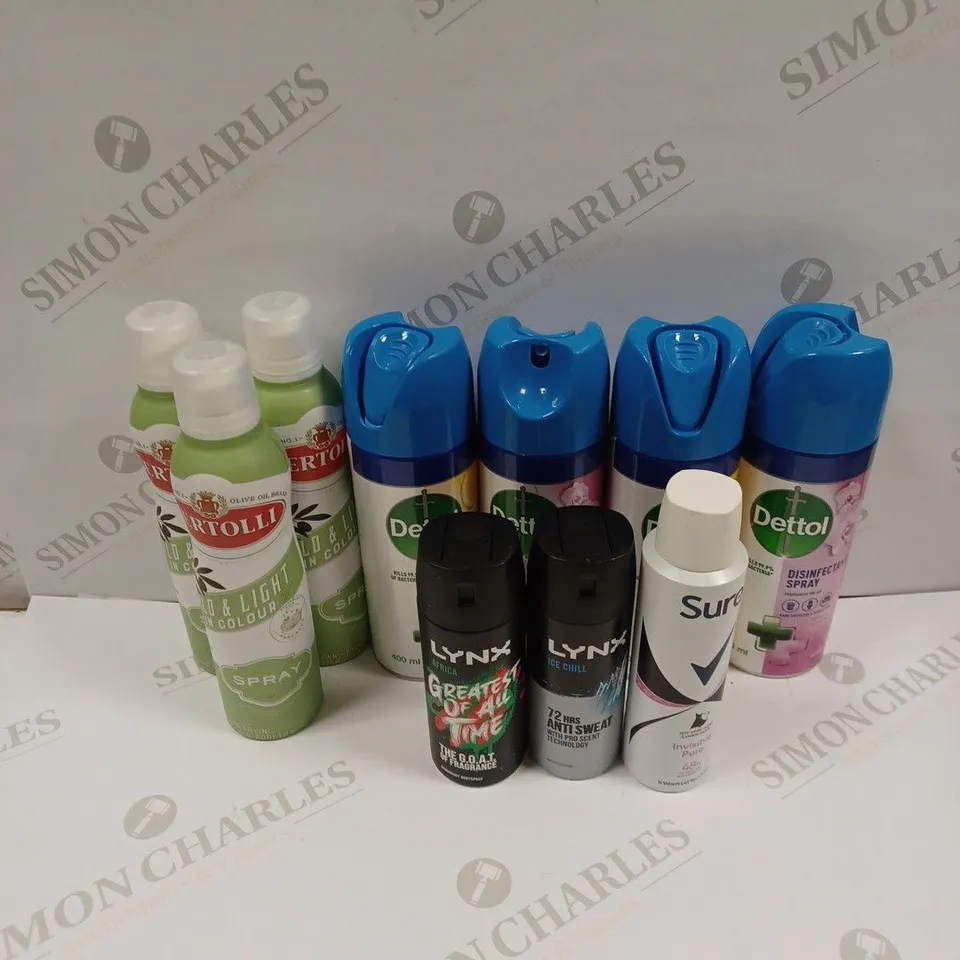 BOX OF 10 ASSORTED AEROSOL PRODUCTS TO INCLUDE DETTOL DISINFECTANT, SURE DEODORANT, LYNX ETC - COLLECTION ONLY 