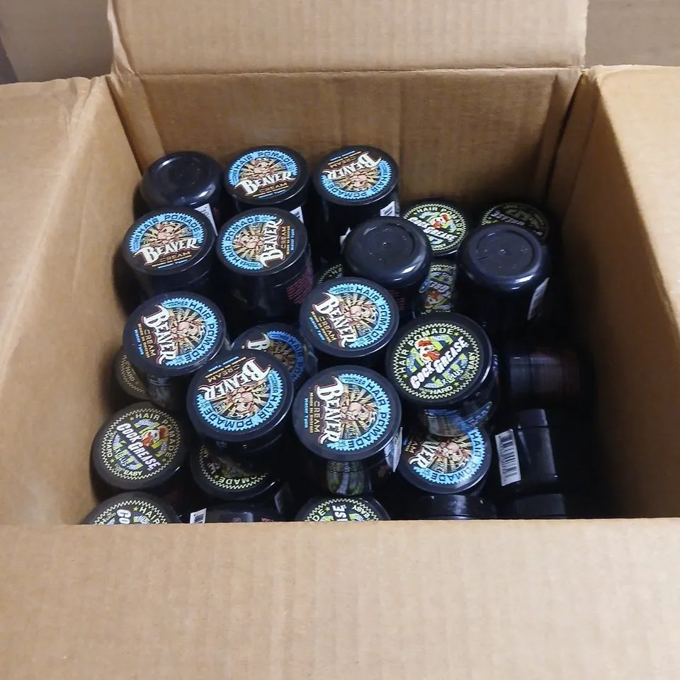 BOX OF APPROXIMATELY 55 X ASSORTED HAIR CARE PRODUCTS: COCK GREASE MEDIUM HOLD X PLUS 50G + BEAVER CREAM HAIR POMADE 50G