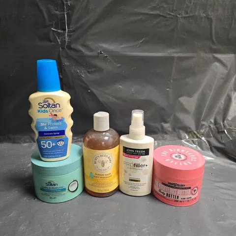 APPROXIMATEY 20 ASSORTED HEALTH AND BEAUTY PRODUCTS TO INCLUDE - SOLTAN KIDS ONCE SPRAY - BURT'S BEES BABY BUBBLE BATH AND SOAP & GLORY BODY BUTTER