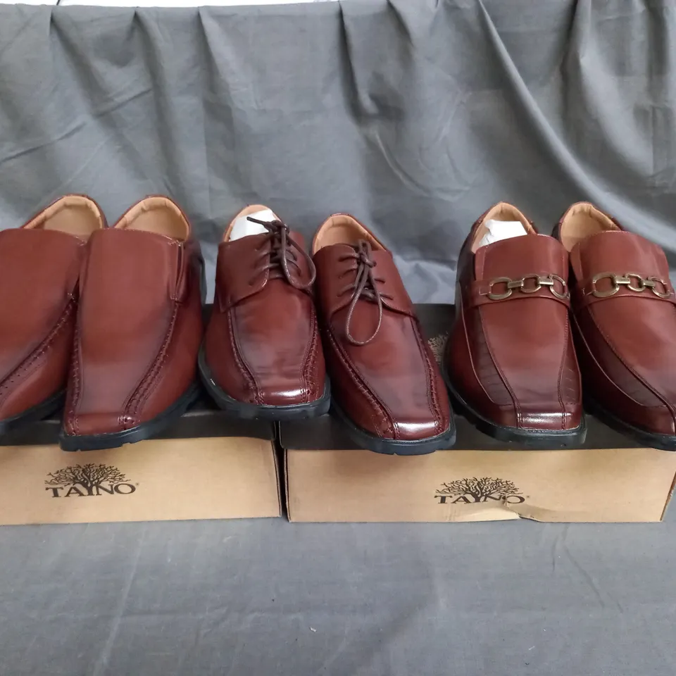 APPROXIMATLY 12 BOXED PAIR OF ASSORTED TAYNO BY FERNANDO ALDAZ DRESS COFFEE COLOUR SHOES IN VARIOUS SIZES TO INCLUDE SIZE 8.5
