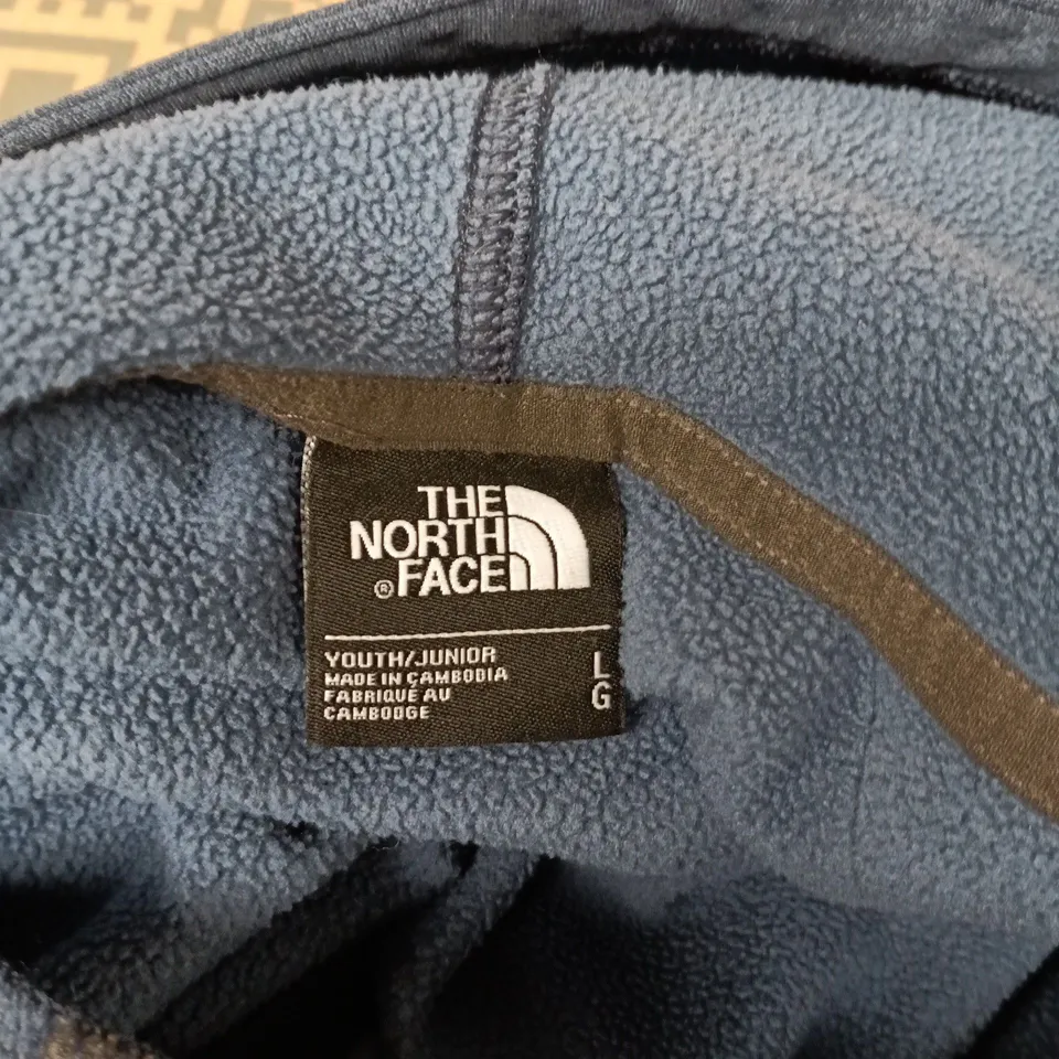 THE NORTH FACE YOUTH FLEECE JACKET – NAVY WITH BROWN SLEEVE PANELS, CHEST POCKET (L/G)