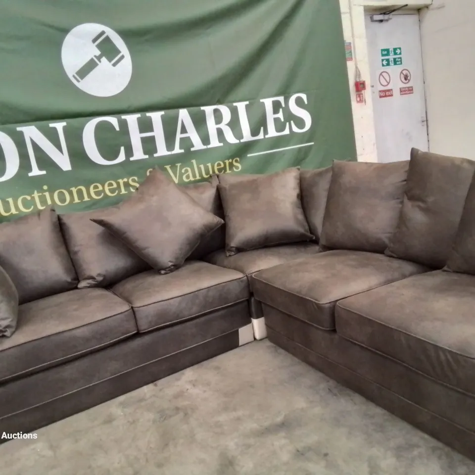 DESIGNER DURY LEATHER LOOK CORNER SOFA - CHOCOLATE  WITH SCATTER BACK CUSHIONS