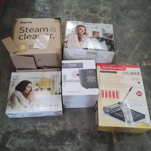 PALLET CONTAINING ASSORTED ITEMS TO INCLUDE: VINYL FLOOR CUTTER, HEATED THROWS, TSUKI MINI RICE COOKER, STEAM CLEANER ECT