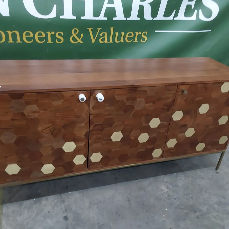 DESIGNER SOLID WOOD BRASS INLAID TRIPLE DOOR SIDEBOARD