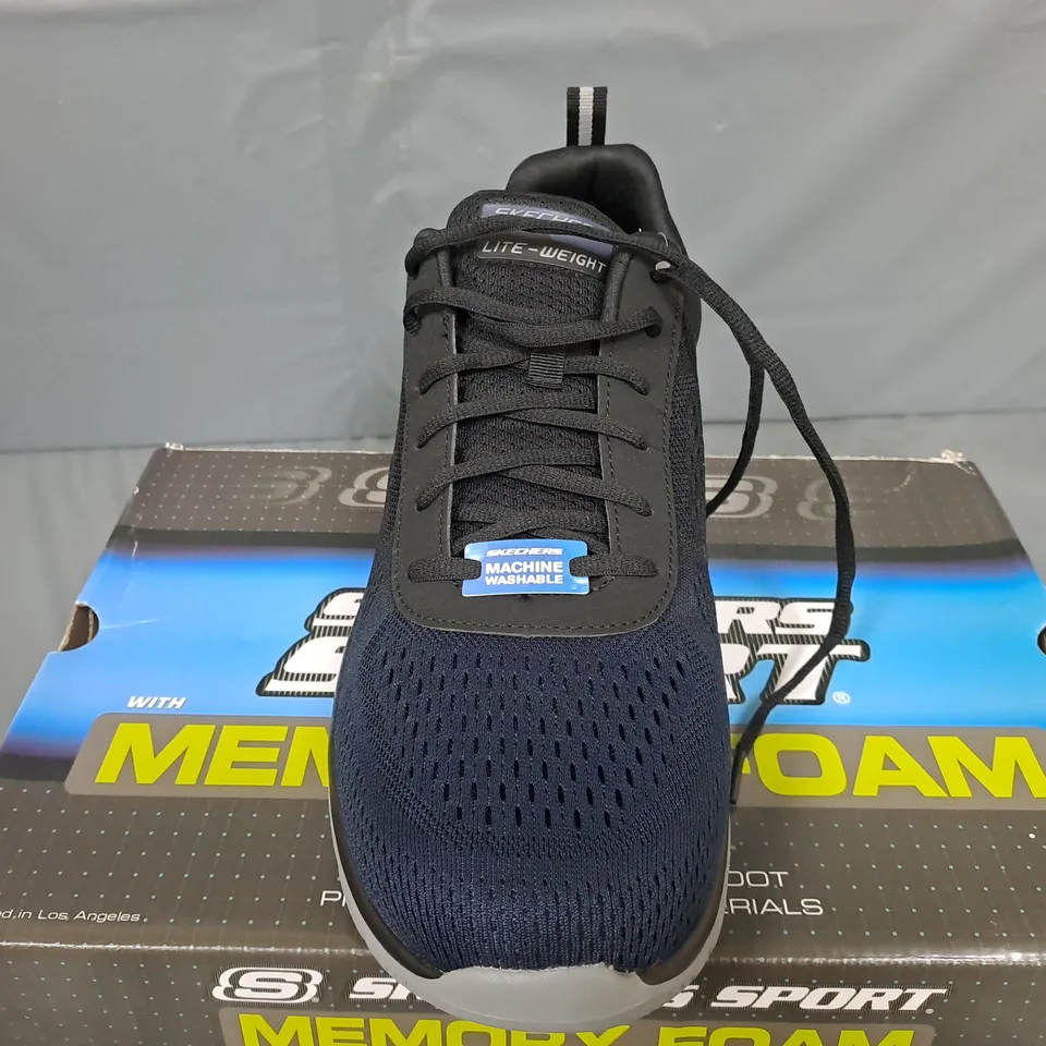 BOXED PAIR OF SKECHERS TRACK RIPKENT TRAINERS IN NAVY/BLACK - UK 13