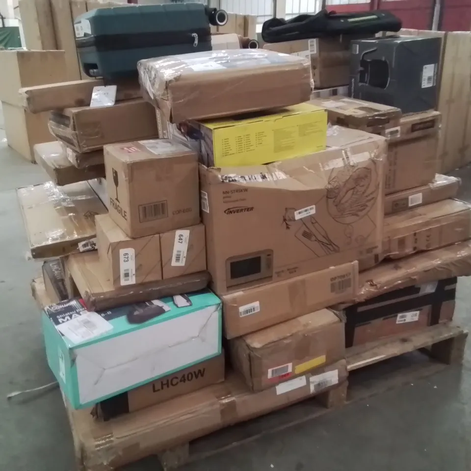 PALLET OF ASSORTED HOUSEHOLD GOODS AND PRODUCTS TO INCLUDE;MASSAGER,HEATER,KETTLE,SUITCASES,STEAM MOP,MAKEUP ORGANISER 