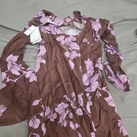NOBODY'S CHILD SHILOH MIDAXI DRESS - BROWN WITH PINK FLORAL, UK8