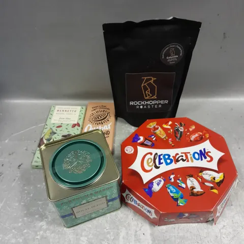 APPROXIMATELY 10 ASSORTED FOOD/DRINK PRODUCTS TO INCLUDE CELEBRATIONS, ROCK HOPPER COFFEE, ROYAL BLEND TEA ETC - COLLECTION ONLY