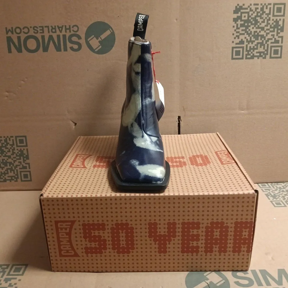 BOXED PAIR OF CAMPER SIDE-ZIP BLOCK HEEL ANKLE BOOTS IN BLUE SIZE EU 37