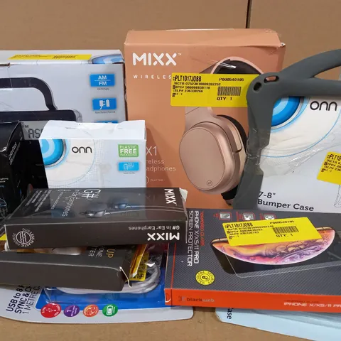 LOT OF APPROX. 10 X ITEMS TO INCLUDE MIXX RX1 WIRELESS HEADPHONES, BLACKWEB IPHONE X/XS/11 PRO SCREEN PROTECTOR, MIXX G# EARPHONES, ONN PORTABLE AM/FM RADIO, TZUMI LED PROJECTION CLOCK, ETC.