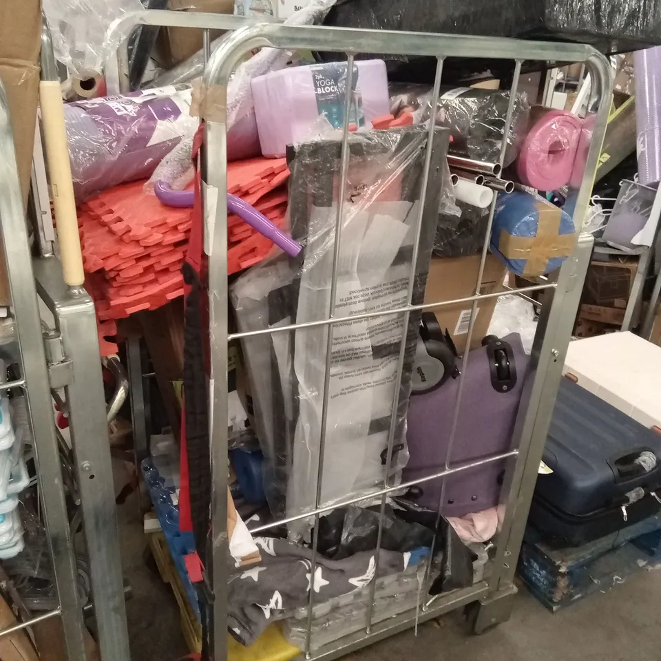 CAGE OF ASSORTED HOUSEHOLD GOODS AND PRODUCTS TO INCLUDE; YOGA MATS, TRAVEL CABIN BAGS, YOGA BLOCK ETC - CAGE NOT INCLUDED