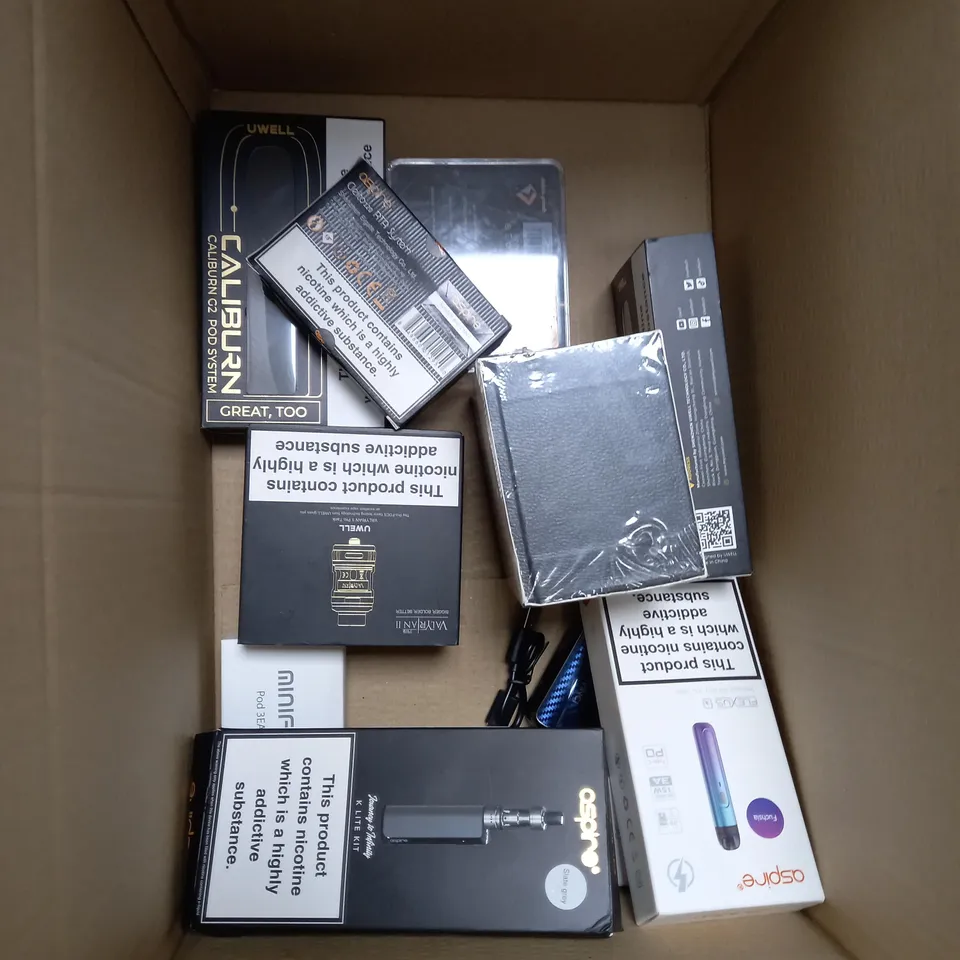 BOX OF APPROXIMATELY 10 ASSORTED E-CIG PRODUCTS TO INCLUDE ASPIRE, OXVA, VOOPOO ETC