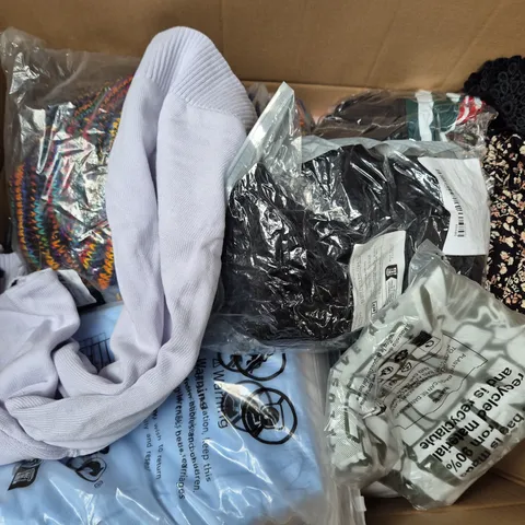 LARGE BOX OF ASSORTED CLOTHING ITEMS IN VARIOUS SIZES, STYLES AND COLOUR  TO INCLUDE SWEATERS, JOGGERS, SWIMSHORTS, ETC