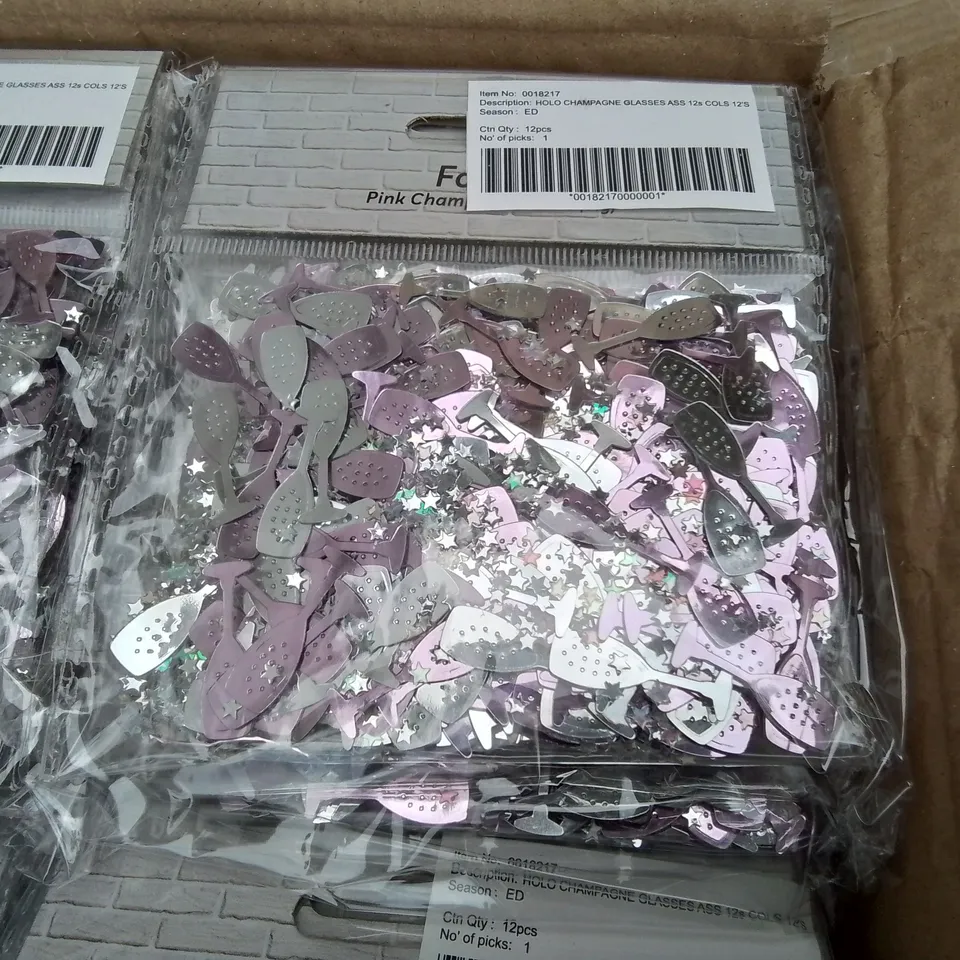 PALLET CONTAINING 58 BOXES OF BRAND NEW HOLO CHAMPAGNE GLASS CONFETTI - 144 PIECES PER BOX / APPROX TOTAL 8352