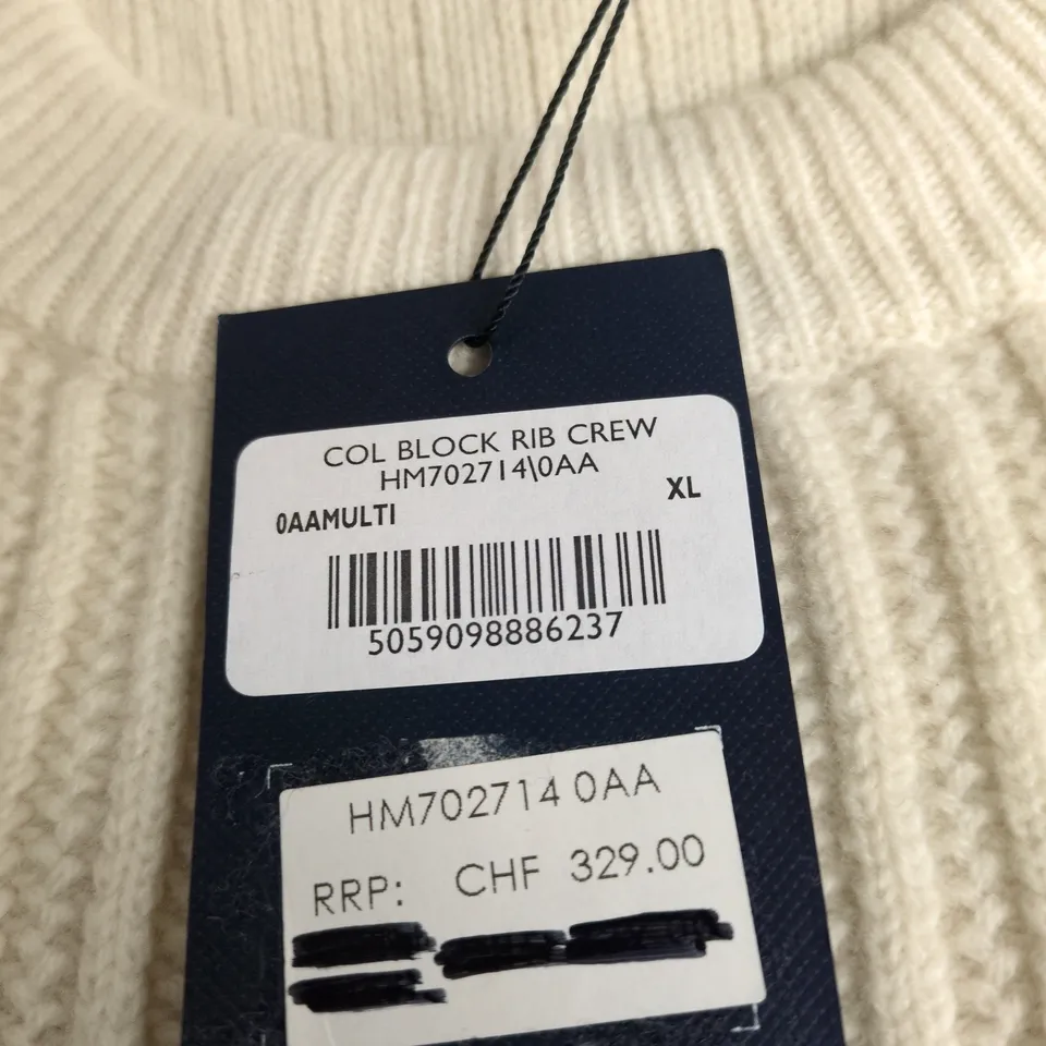 HACKETT LONDON MERINO CASHMERE COLOUR-BLOCK SWEATER – CREAM/CAMEL/NAVY – SIZE XL