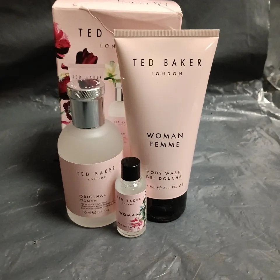 TED BAKER LONDON WOMAN FEMME GIFT SET - BODY WASH, ORIGINAL WOMAN LOTION & MINI EDT