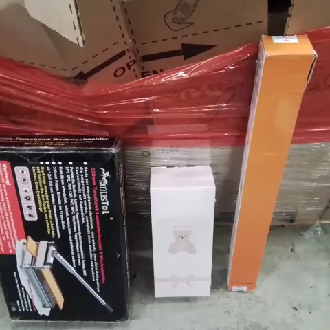 PALLET OF ASSORTED HOUSEHOLD GOODS AND PRODUCTS TO INCLUDE;RETRACTABLE SAFETY GATE,FLOOR CUTTER,BABY DOLL