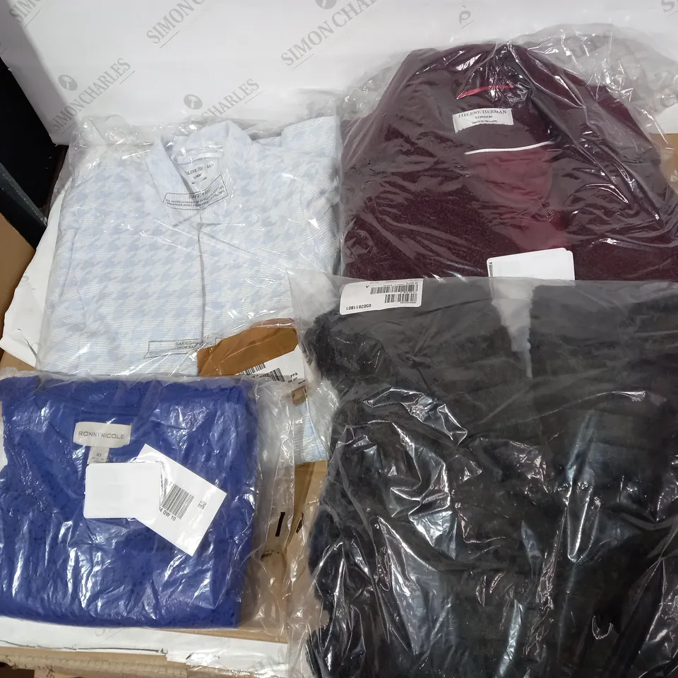 LOT OF APPROXIMATELY 8 ASSORTED DESIGNER CLOTHING ITEMS TO INCLUDE HELENE BERMAN MAROON COAT, DESIGNER BLUE DRESS, HELEN BERMAN BLAZER ETC