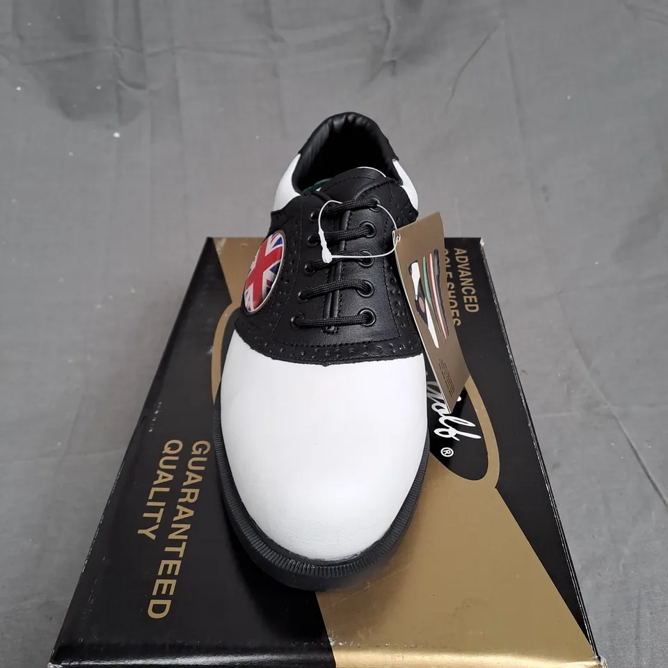 BOX OF APPROXIMATLY 10 BOXED PAIRS OF BLACK AND WHITE TOP LINE GOLF SHOES IN VARIOUS SIZE 