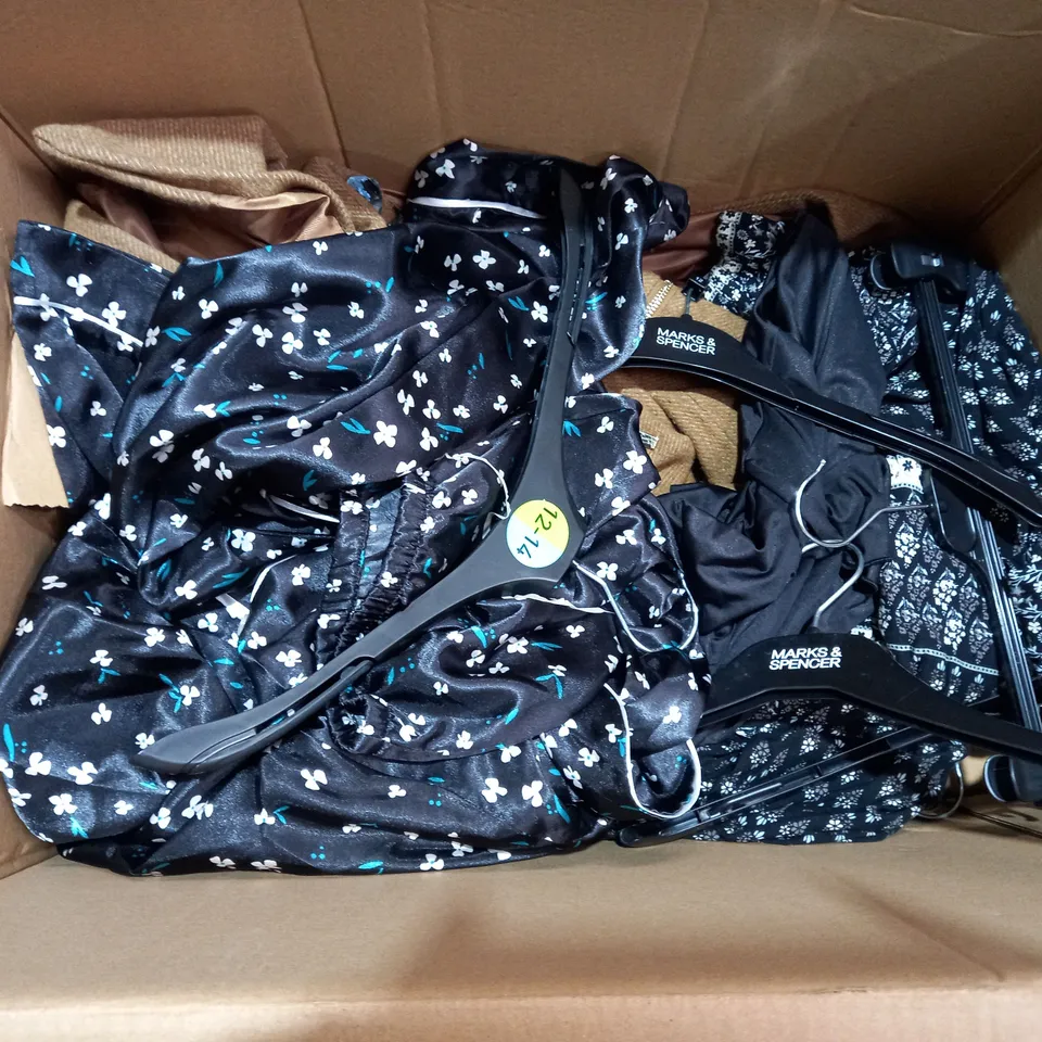 BOX OF ASSORTED CLOTHING ITEMS TOO INCLUDE JACKETS TOPS AND TROUSERS 