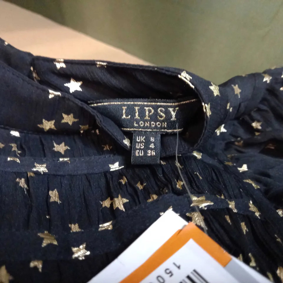 LIPSY BLACK/GOLD STAR DETAILED TIERED DRESS - SIZE 8
