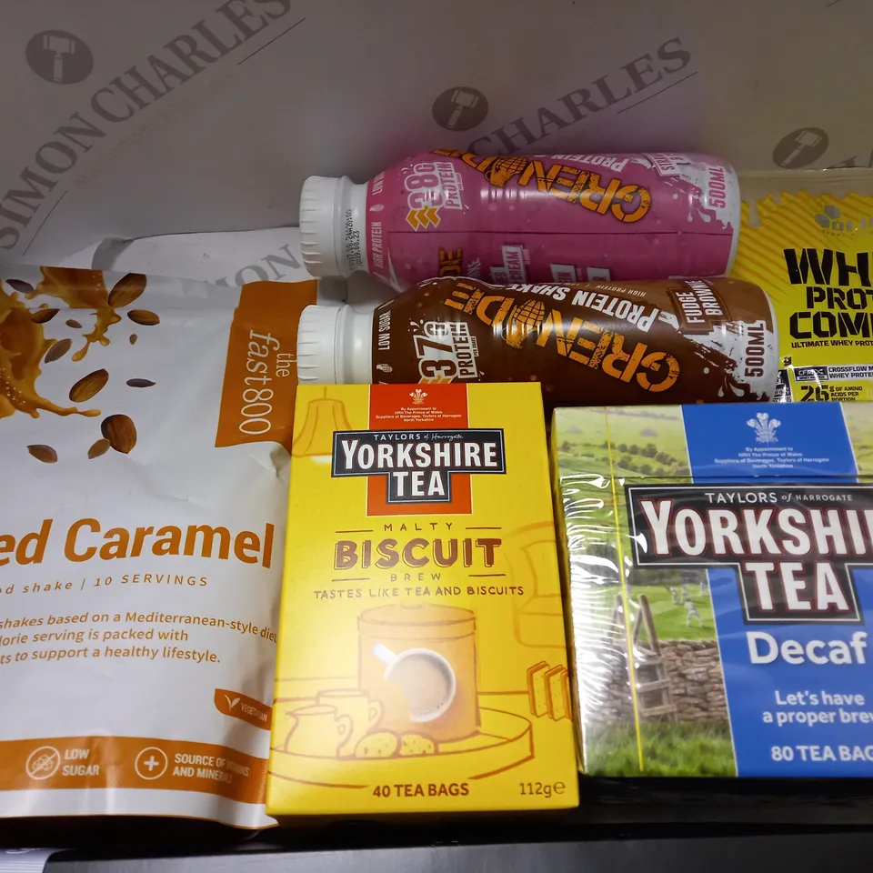 LOT OF 9 ASSORTED FOOD AND DRINK ITEMS TO INCLUDE SALTED CARAMEL REAL FOOD SHAKE, RUMMO PASTA AND TEA BAGS