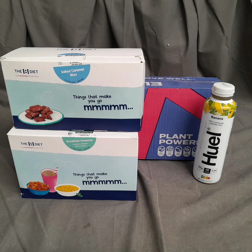 7 ASSORTED FOOD ITEMS TO INCLUDE THE 1:1 DIET SALTED CARAMEL BITES, BREAKFAST SMOOTHIE OATS, HUEL BANANA FLAVOURED FOOD DRINK AND ELEAT CHOCOLATE CEREAL POTS- COLLECTION ONLY