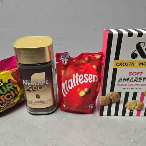 APPROXIMATELY 12 ASSORTED FOOD & DRINK ITEMS TO INCLUDE - MALTESERS , NESCAFE GOLD , SOIR PATCH KIDS ETC