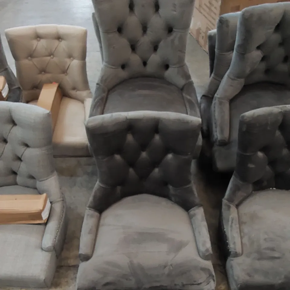 4 X ASSORTED UPHOLSTERED GREY VELVET DINING CHAIRS WITH OAK LEGS 