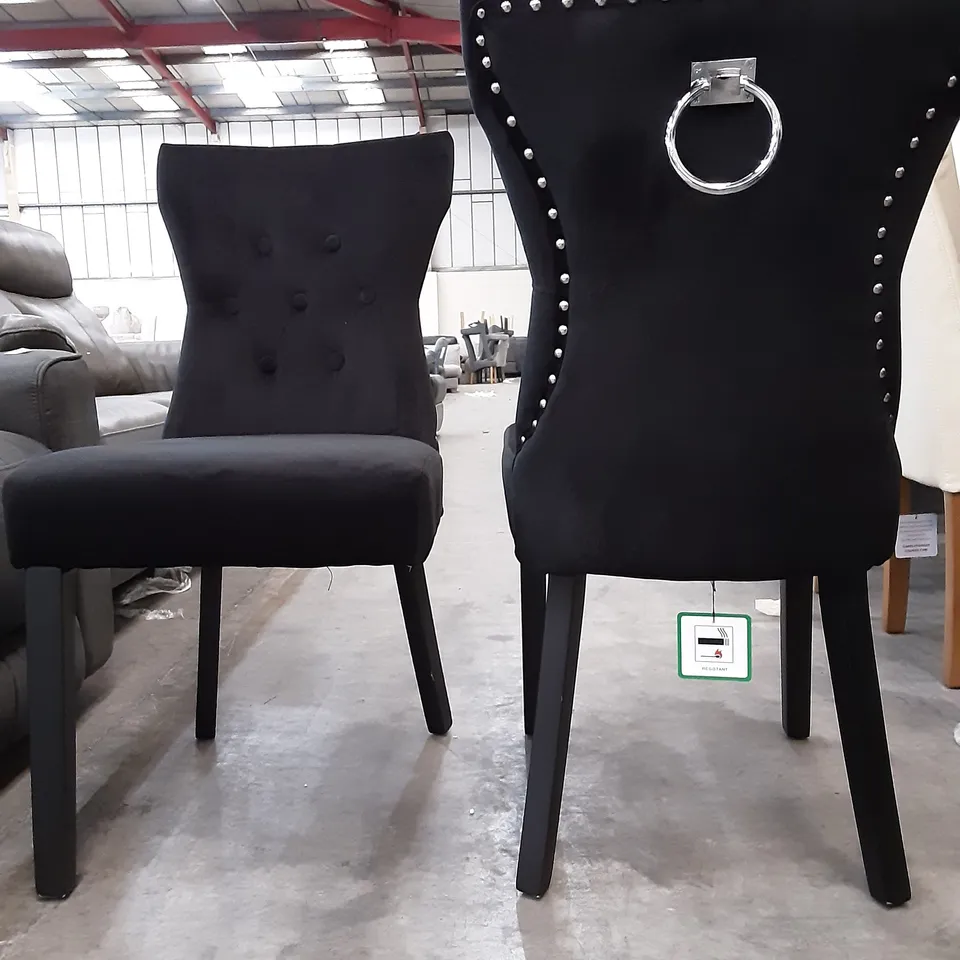 SET OF 4 BLACK VELVET CHAIRS WITH STUDDED OUTLINE , ONE CHAIR IS MISSING A LEG 