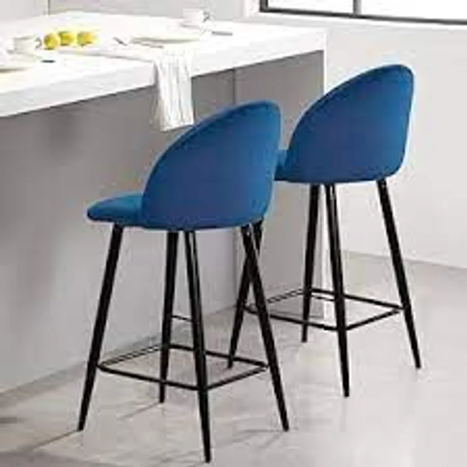 BOXED SET OF 2 DESIGNER BLUE VELVET BAR CHAIRS (1 BOX)