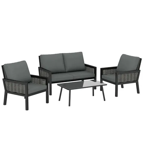 BOXED OUTSUNNY 4 SEATER RATTAN GARDEN FURNITURE SET WITH 2 ARMCHAIRS, LOVESEAT, COFFEE TABLE, GARDEN SOFA SET WITH CUSHIONS, DARK GREY (2BOXES)