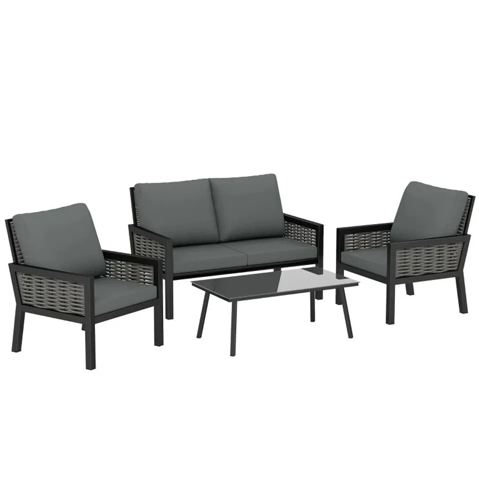 BOXED OUTSUNNY 4 SEATER RATTAN GARDEN FURNITURE SET WITH 2 ARMCHAIRS, LOVESEAT, COFFEE TABLE, GARDEN SOFA SET WITH CUSHIONS, DARK GREY (2BOXES)