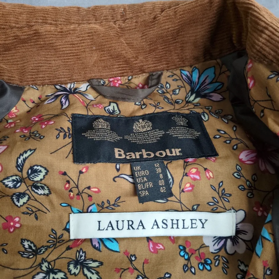 BARBOUR X LAURA ASHLEY WAXED JACKET - OLIVE GREEN, UK 12 (EU 38) WITH FLORAL LINING