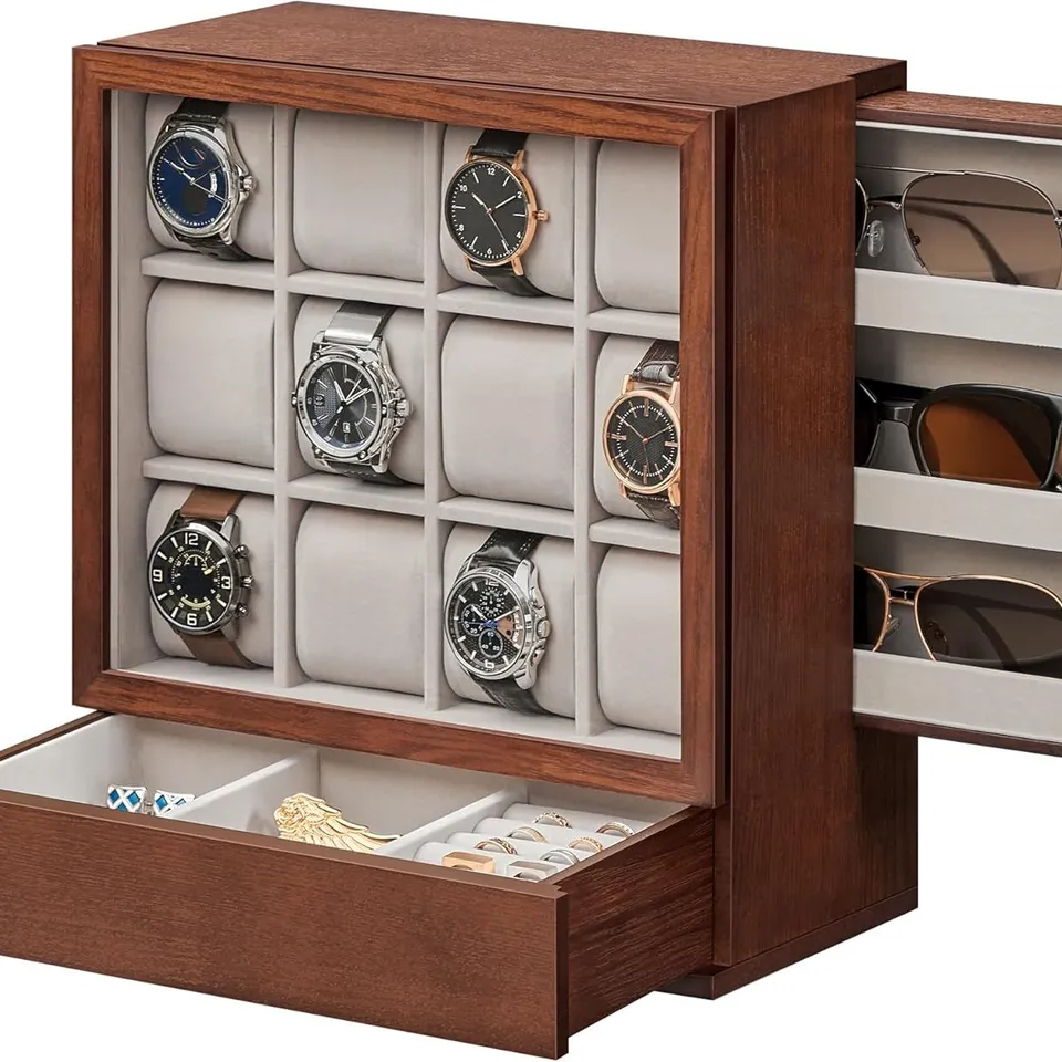 BOXED SONGMICS 12-SLOT WOODEN WATCH BOX, WATCH DISPLAY CASE WITH WINDOW