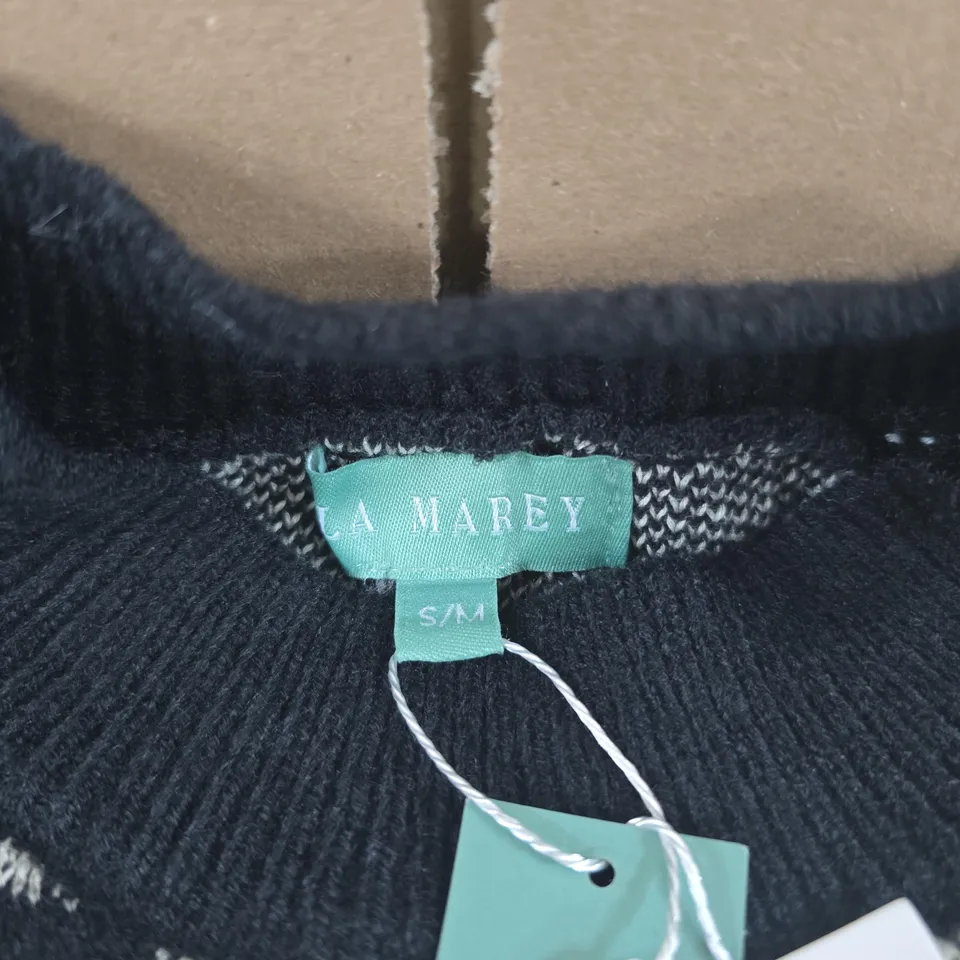 LA MAREY KNIT SWEATER – BLACK WITH WHITE PATTERN, UK SIZE S/M