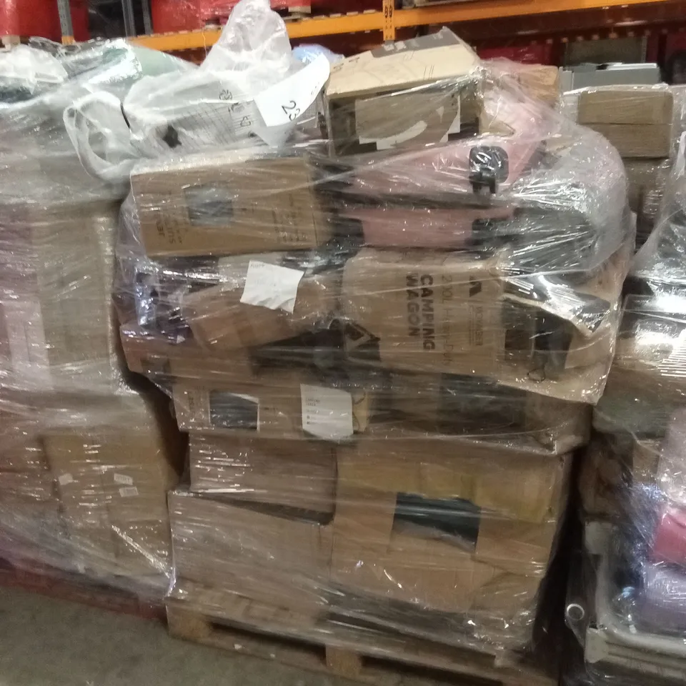 PALLET OF ASSORTED E-COMMERCE GOODS AND PRODUCTS TO INCLUDE; CAMPING WAGONS, SUITCASES/CABIN BAGS, FLOOR FAN ETC